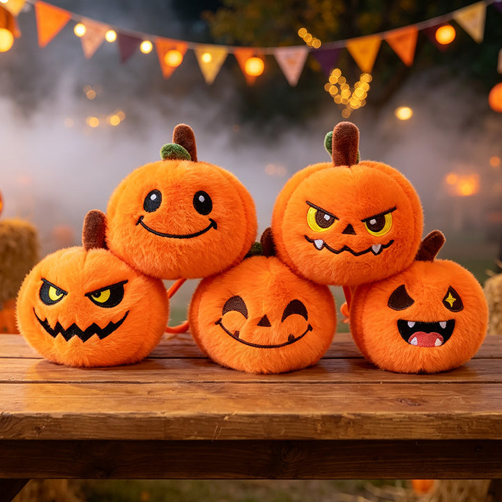 Plush pumpkin keychain with key ring and carabiner