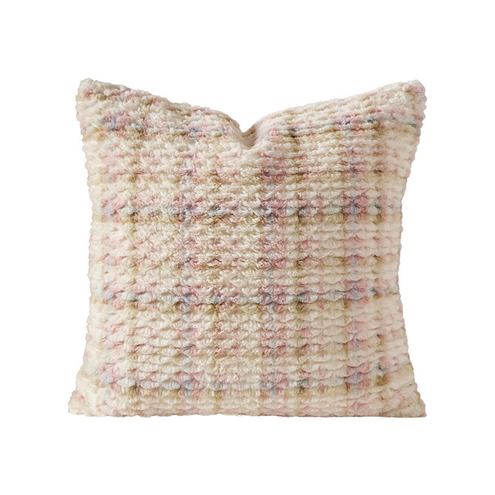 Long lumbar support cushion with patterned bouclé surface and plush trim Kalsten