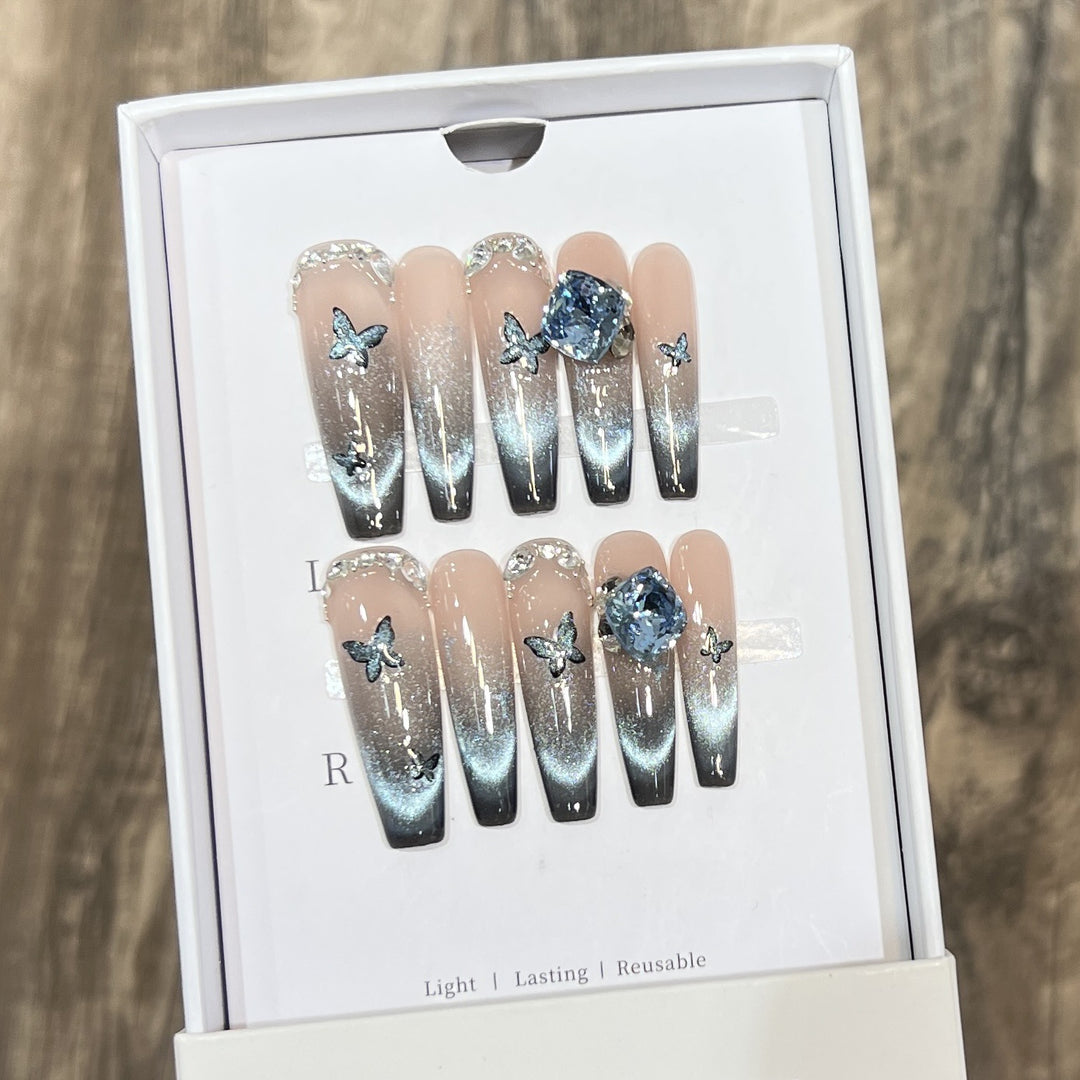 Artistic Ombre Press-On Nail Art Set with Butterfly and Gemstone Accents Kalsten
