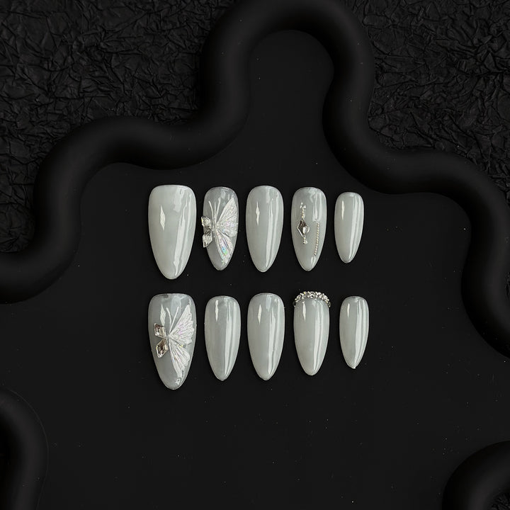 Artistic Press-On Nail Set with Elegant Butterfly and Gem Accents