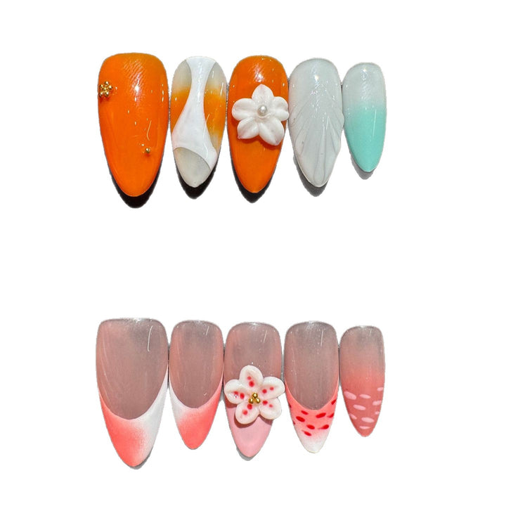 Artistic Press-On Nail Set with Floral and Gradient Accents