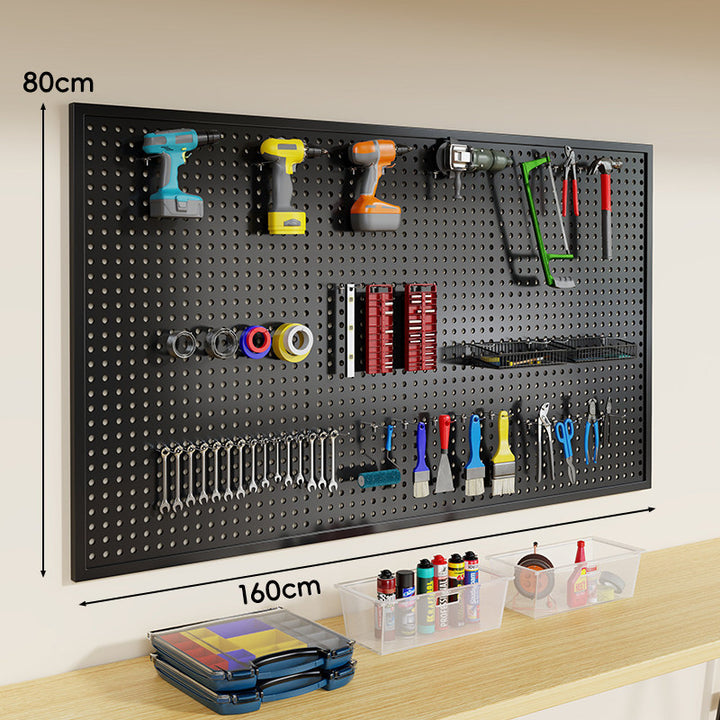 Wall-Mounted Perforated Metal Tool Pegboard Organizer Panel with Modular Hooks and Wire Baskets