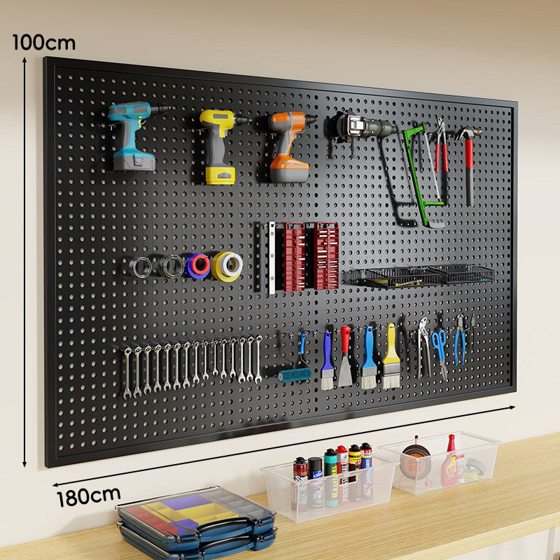 Wall-Mounted Perforated Metal Tool Pegboard Organizer Panel with Modular Hooks and Wire Baskets