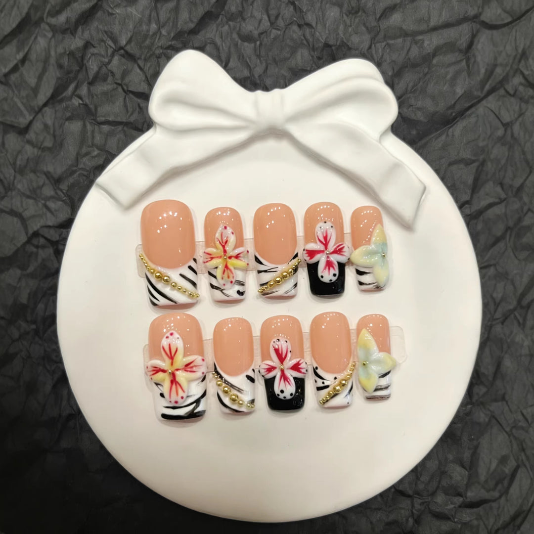 Artistic Press-On Nail Set with Floral and Zebra Pattern