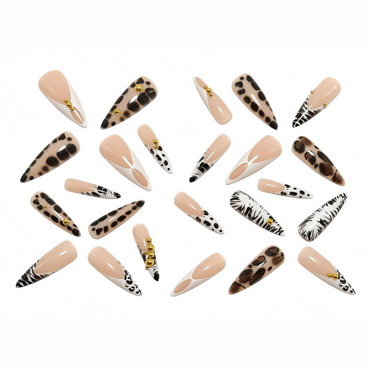 Stiletto fake nails with animal pattern and gold accents Kalsten