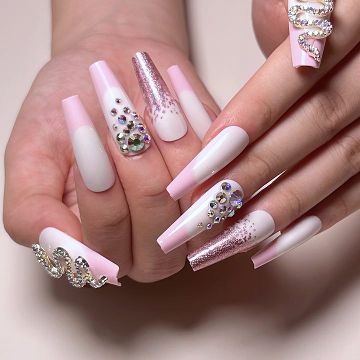 Artful Nail Extensions with Glitter and Rhinestone Decorations Kalsten