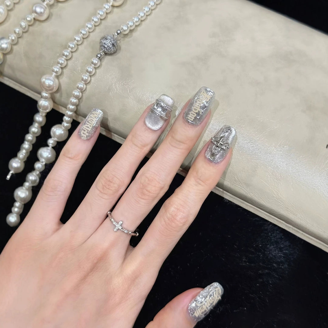 Metallic Press-On Nail Set with Decorative Silver Accents Kalsten