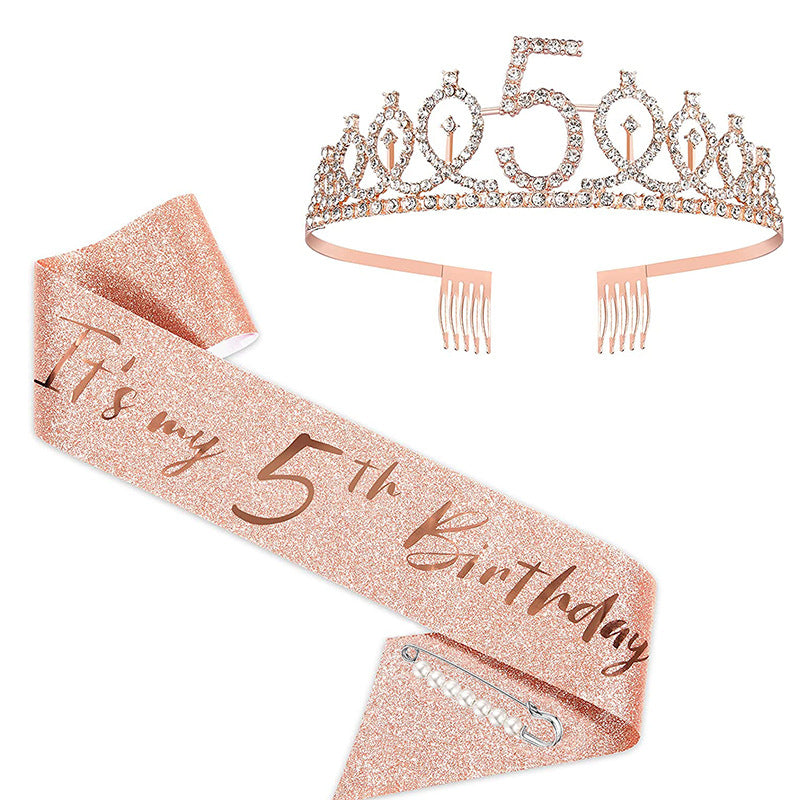 Women Crystal-Embellished Birthday Crown with Personalized Sash Kalsten