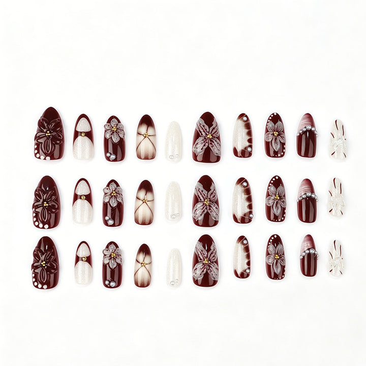 Elegant Artificial Nail Art with Floral Design and 3D Decorations Kalsten