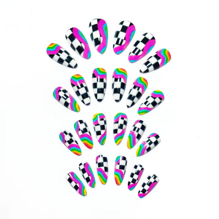 Creative artificial nails with colorful wave and checkerboard design Kalsten