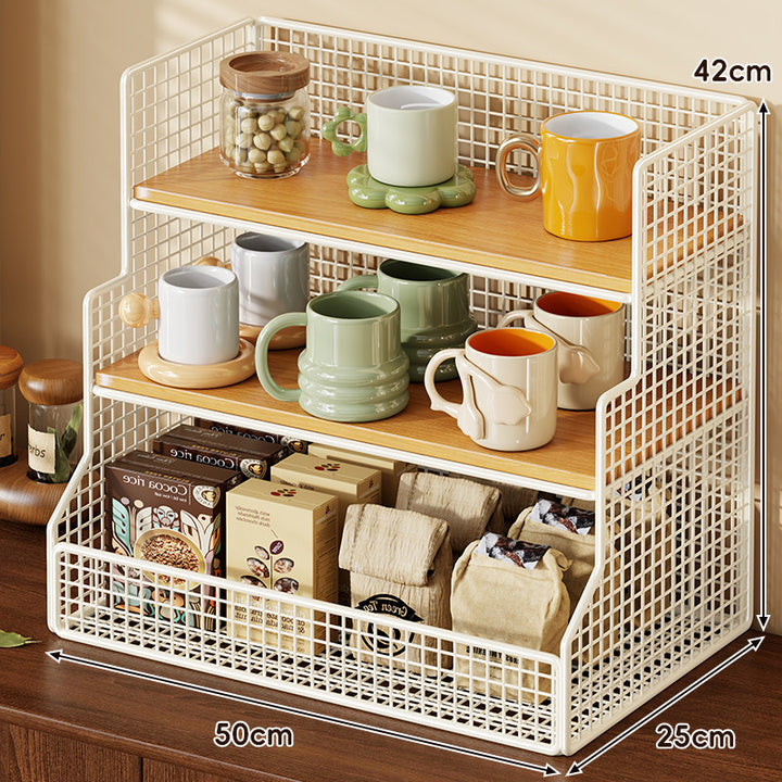 Three-Tier Countertop Wire Mesh Shelf Organizer with Bamboo Shelves