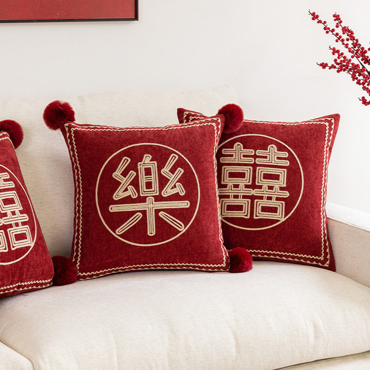Velvet Embroidered Celebration Square Accent Pillow with Pom-Pom Corners