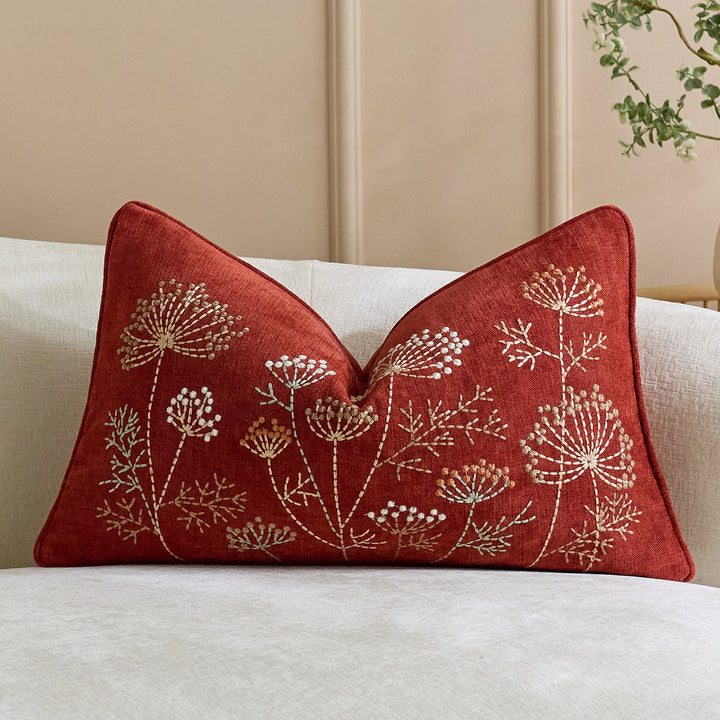Embroidered Linen Throw Pillow Cover with Floral Motif