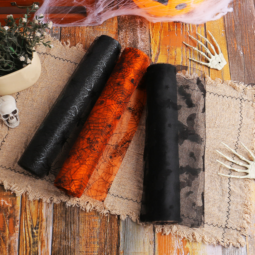 Tulle roll with velvety flock print bats for Halloween and party decoration