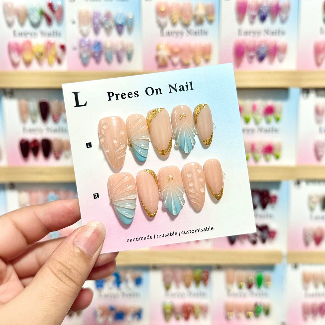 Artistic Press-On Nail Set with Shell Motifs