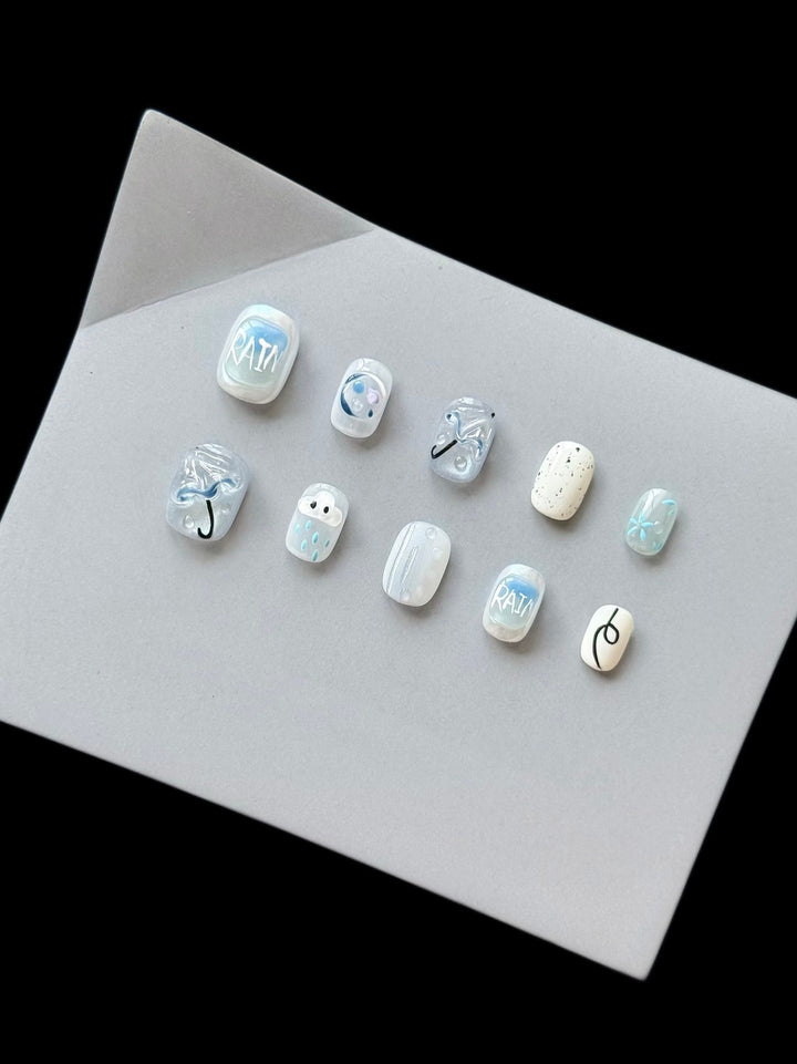 Artistic Press-On Nail Set with Rain Theme