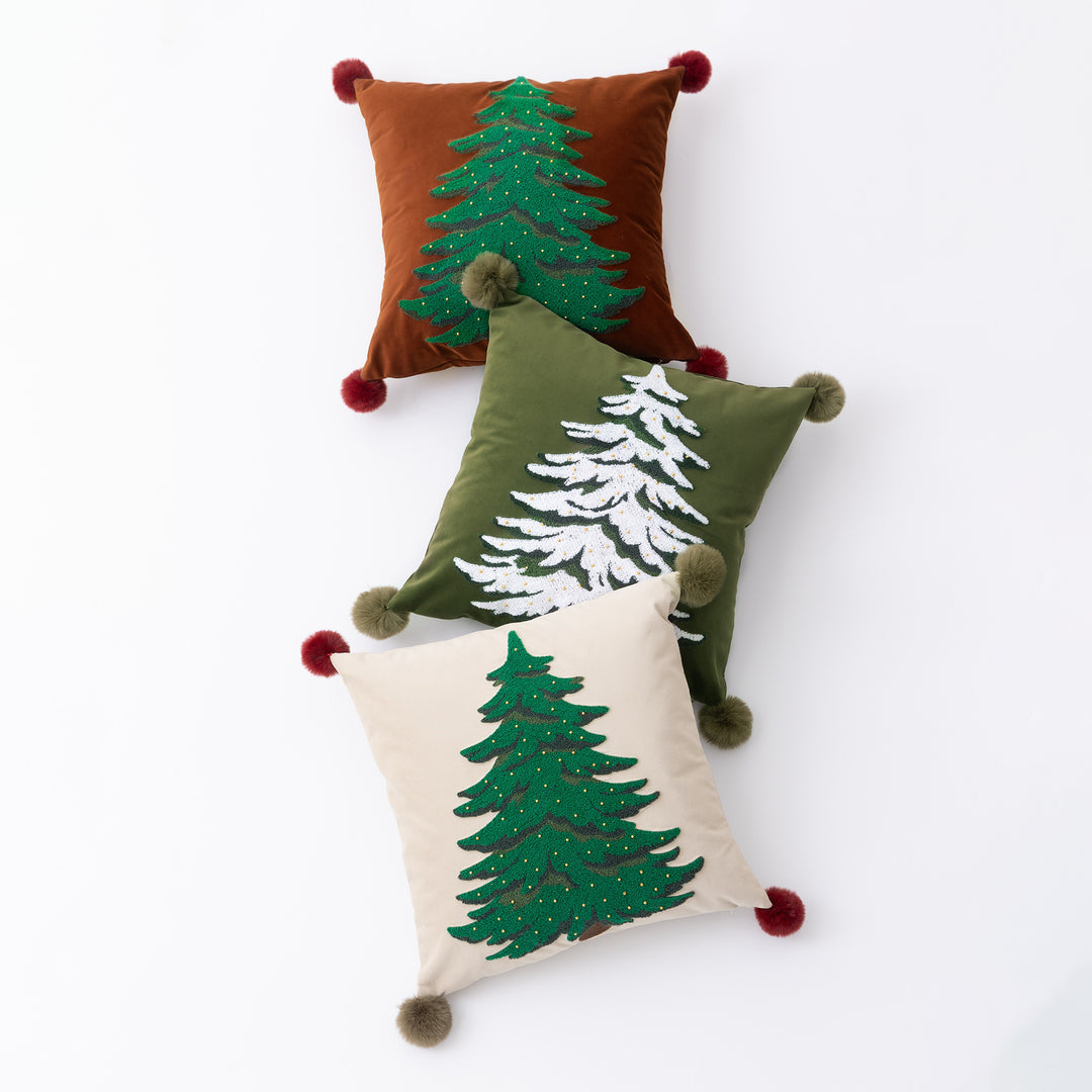 Decorative velvet cushion cover with hand-tufted Christmas tree, pompom corners and bead application Kalsten