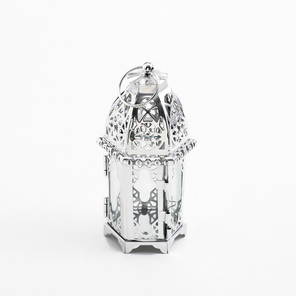 Intricate Cutwork Metal Tealight Lantern with Hinged Glass Panels Kalsten