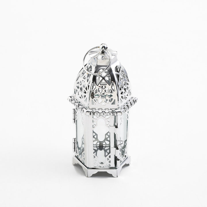 Intricate Cutwork Metal Tealight Lantern with Hinged Glass Panels Kalsten