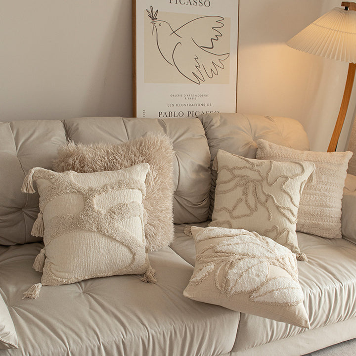 Abstract Raised-Loop Tufted Square Cushion Cover with Knotted Corner Tassels