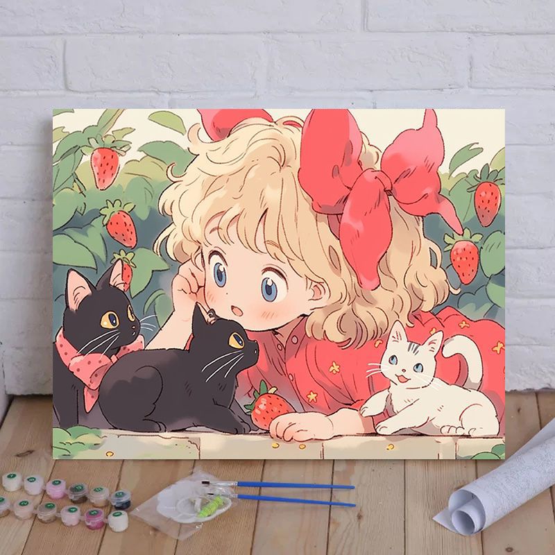 Cartoon Cat and Girl Themed Canvas Paint by Numbers Art Kit Kalsten