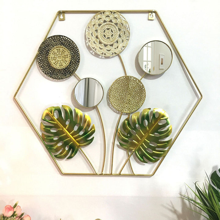 Decorative Metal Wall Art with Tropical Leaf and Mirror Design Kalsten