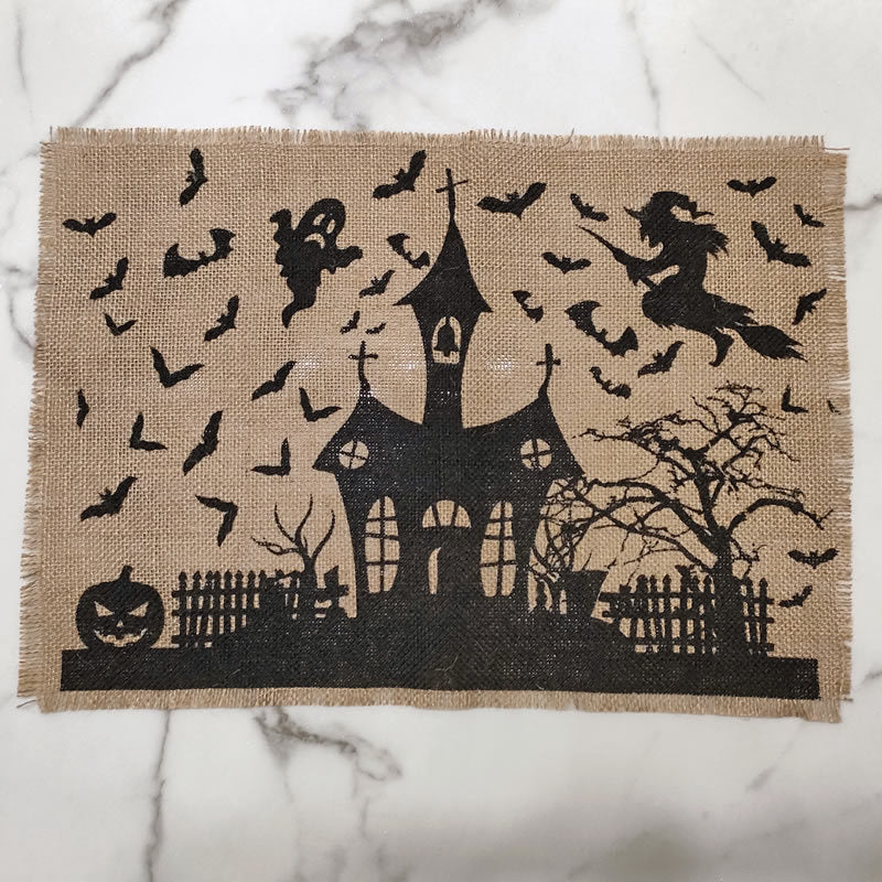 Jute Table Runner Halloween Spooky House Print with Fringed Edge