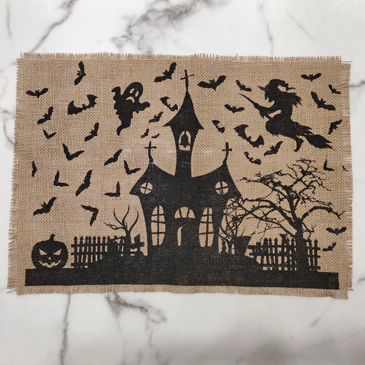 Jute Table Runner Halloween Spooky House Print with Fringed Edge