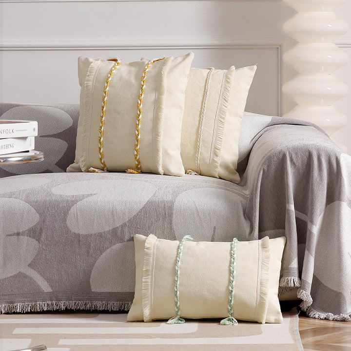 Decorative rectangular cotton cushion cover with woven trims and fringes Kalsten