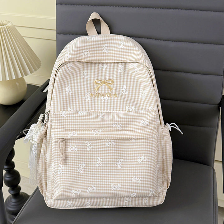 Charming Bow-Embellished Gingham Patterned Backpack Kalsten