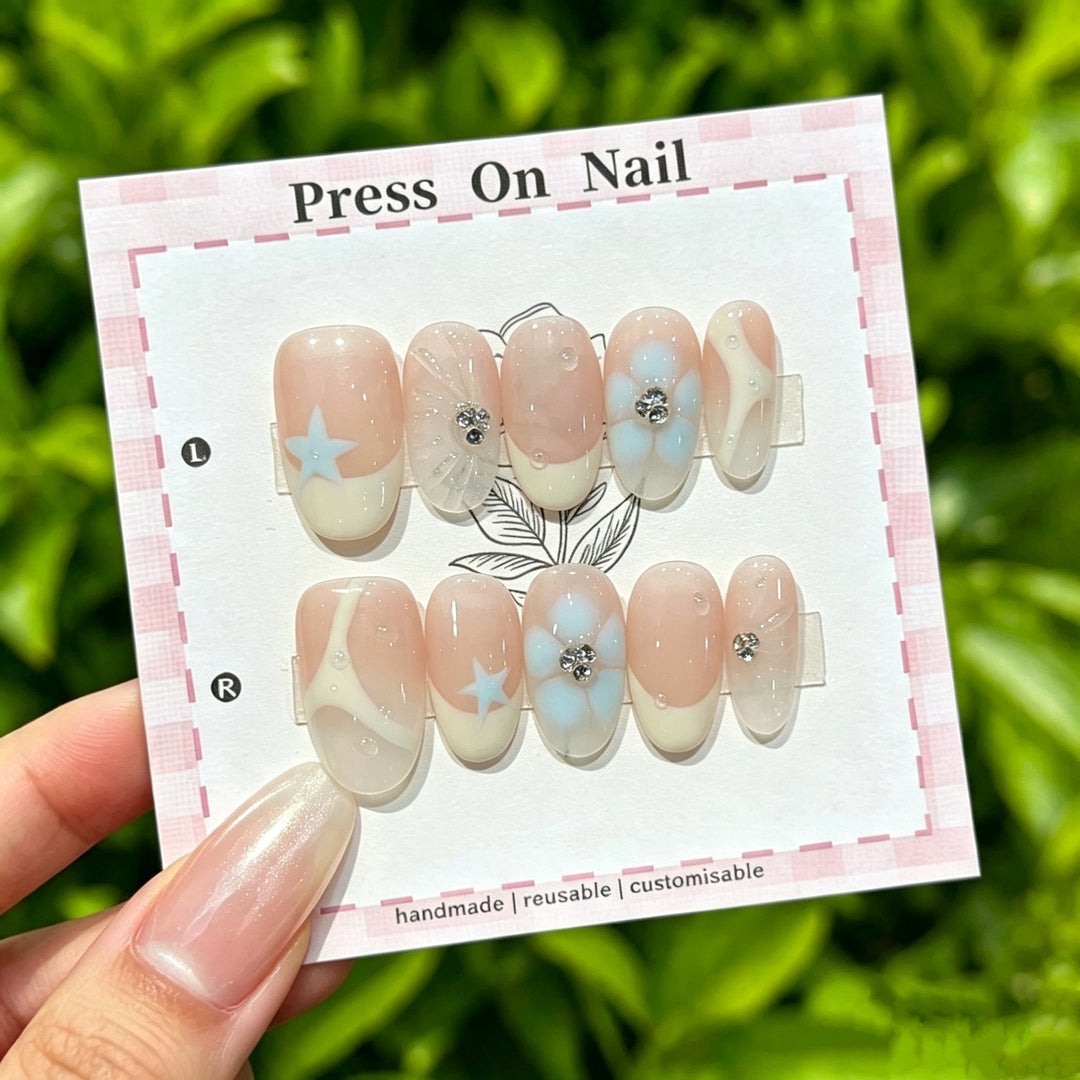 Artistic Press-On Nail Set with Floral and Graphic Designs