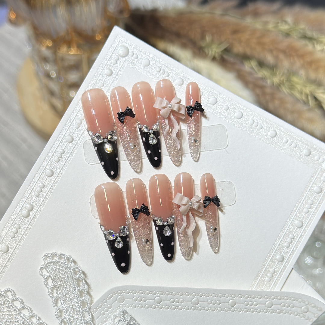 Glamorous Stiletto Press-On Nail Set with Decorative Bow and Gemstone Accents Kalsten