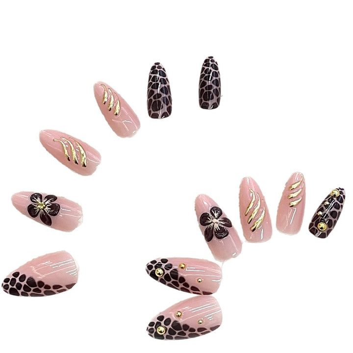 Artistic Press-On Nail Set with Floral and Leopard Accent Kalsten