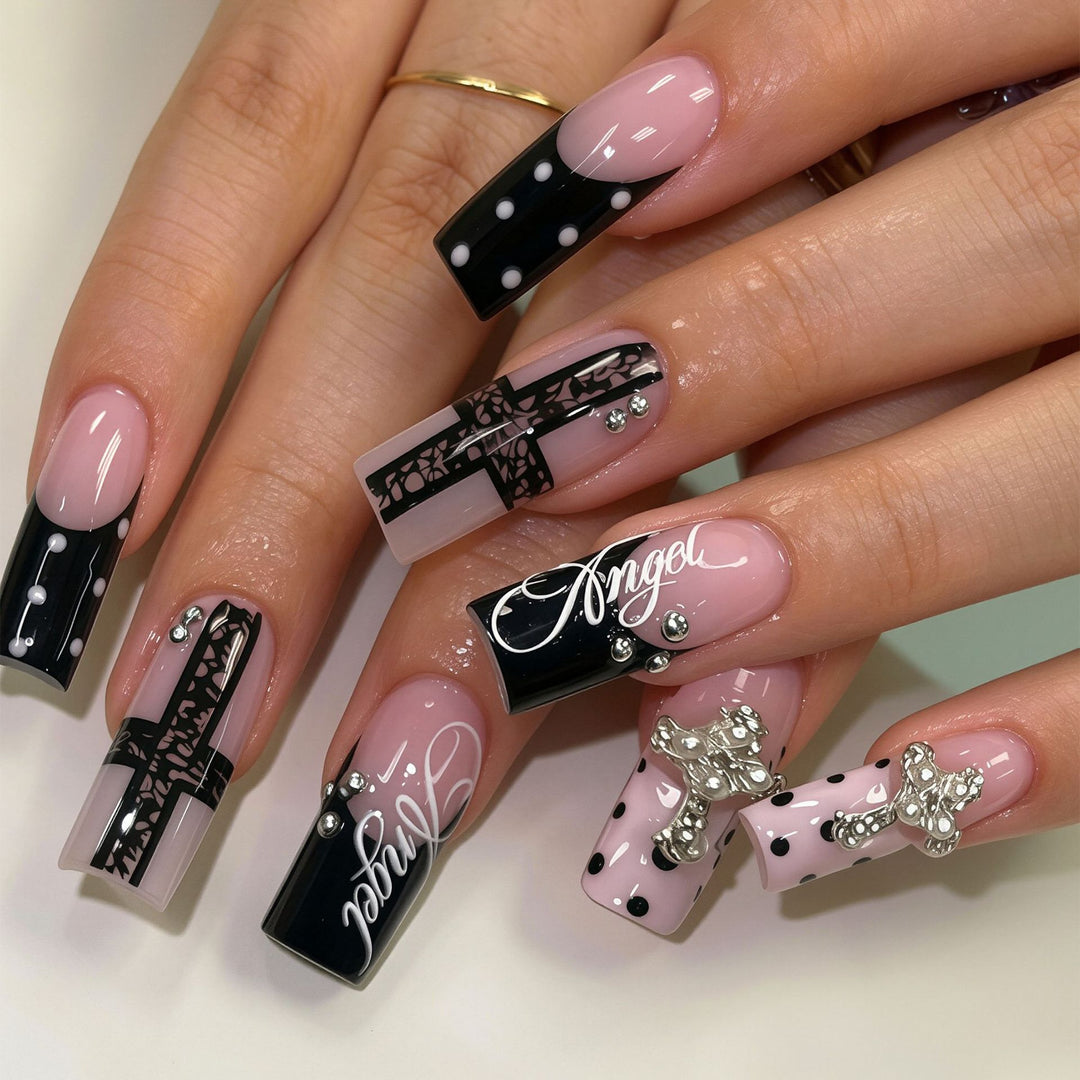 Artistic Long Press-On Nail Design Set with Cross Accents Kalsten