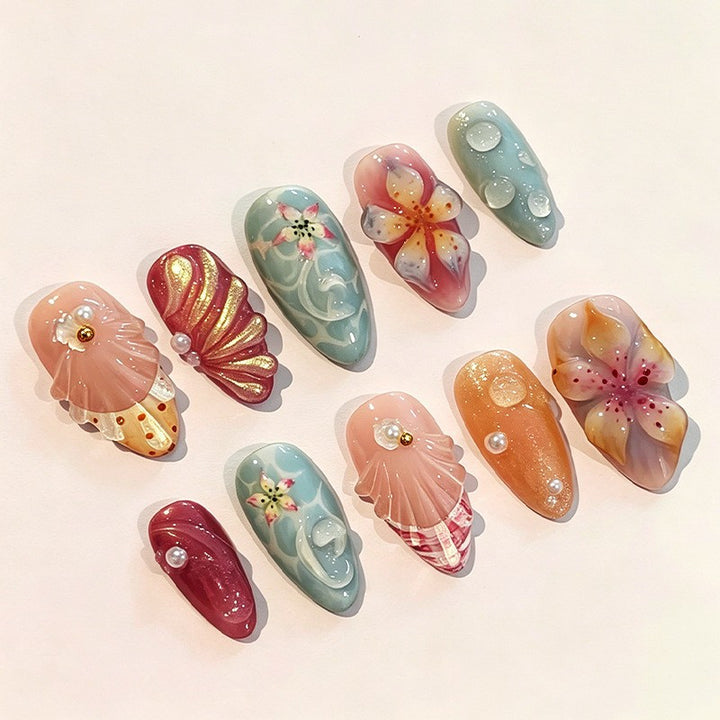 Artificial nail set with floral 3D design and glitter accents Kalsten