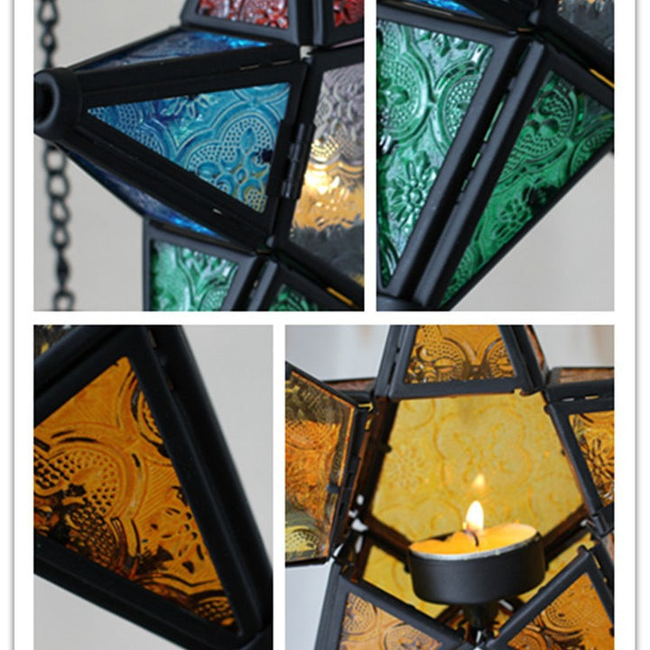 Moroccan-Inspired Stained Glass Star Hanging Lanterns with Embossed Panels Kalsten