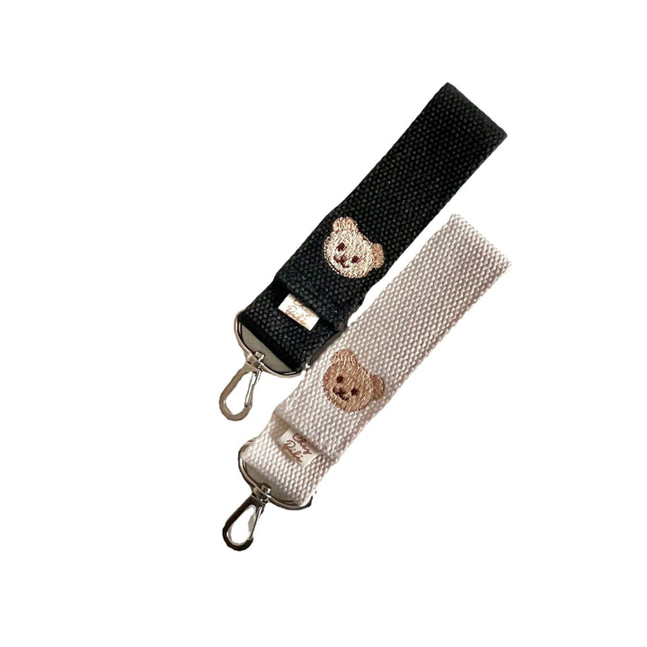Double Clip Woven Bag Strap with Embroidered Bear Key Lanyard