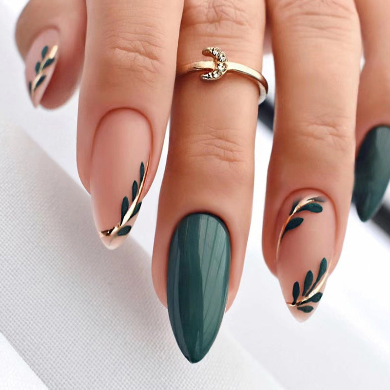 Artistic Press-On Nail Set with Leaf Designs Kalsten