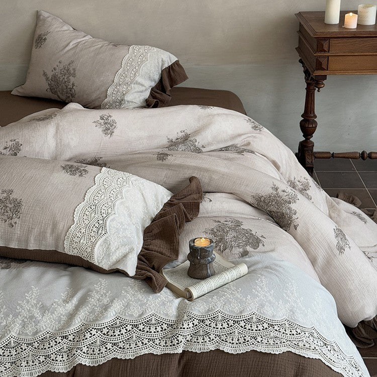 French country house bed linen set made of cotton percale with crochet lace trim