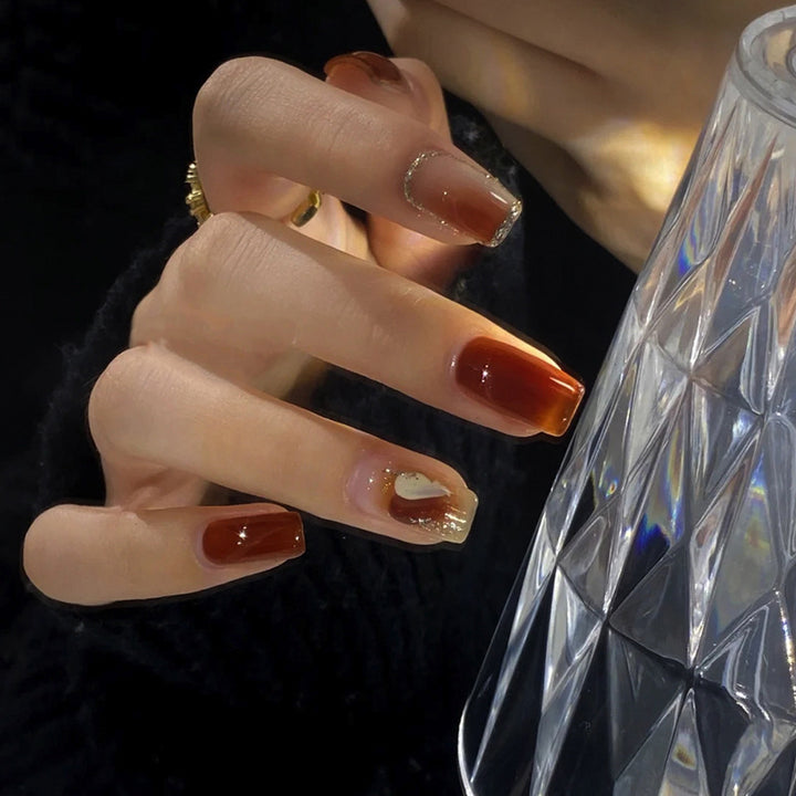 Elegant Glossy Press-On Nails with Gold Glitter Accents Kalsten