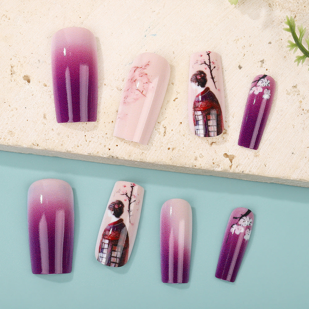 Elegant Artificial Nails Set with Ombre Design and Artistic Accents Kalsten