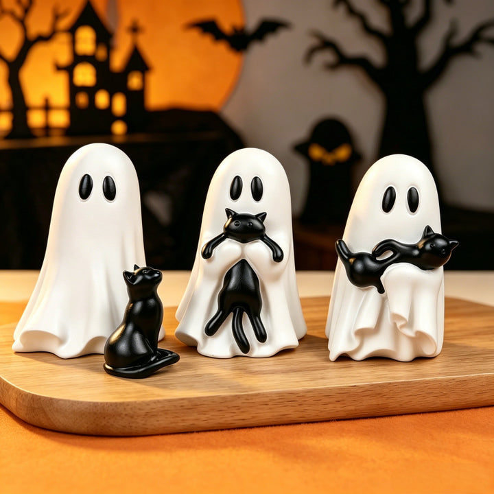 Sculptural decorative figure ghost with cat relief for shelf and sideboard