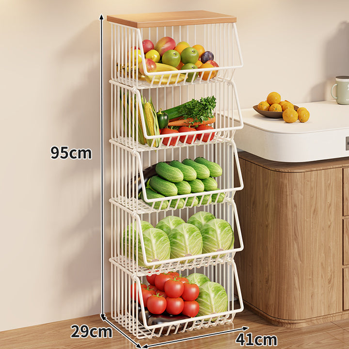 Compact Triple-Tier Rolling Wire Vegetable and Fruit Storage Cart with Wooden Top