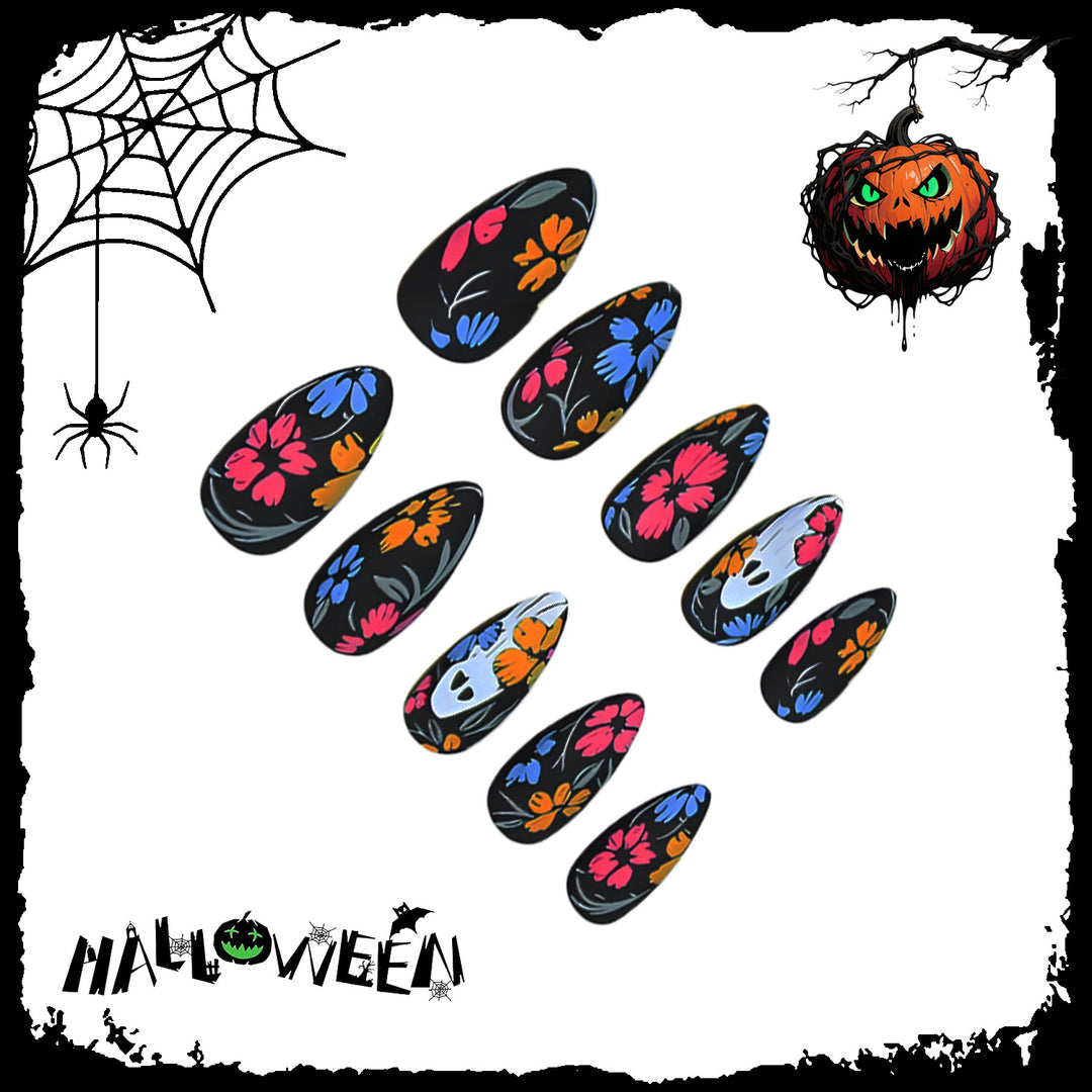 Artificial nail set with spooky Halloween design and colorful floral accents Kalsten