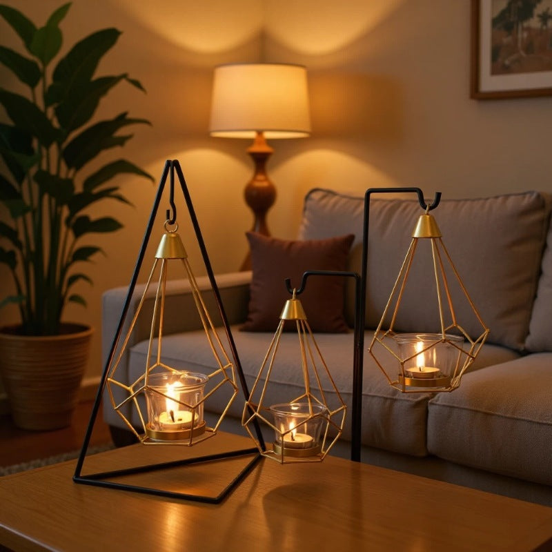 Decorative Geometric Hanging Tealight Candle Holder Set with Metal Stands and Glass Votives Kalsten