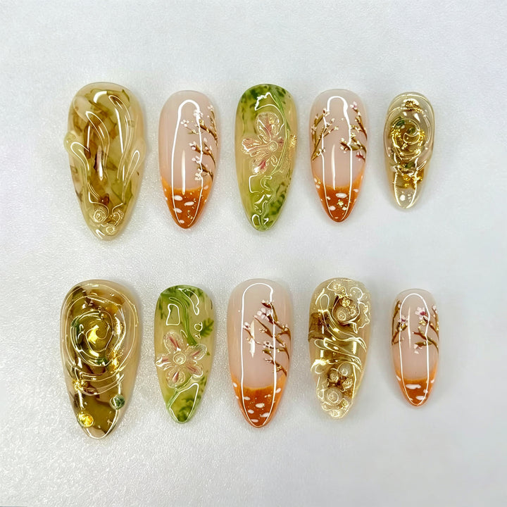 Artistic Press-On Nail Art Set with Floral Details Kalsten