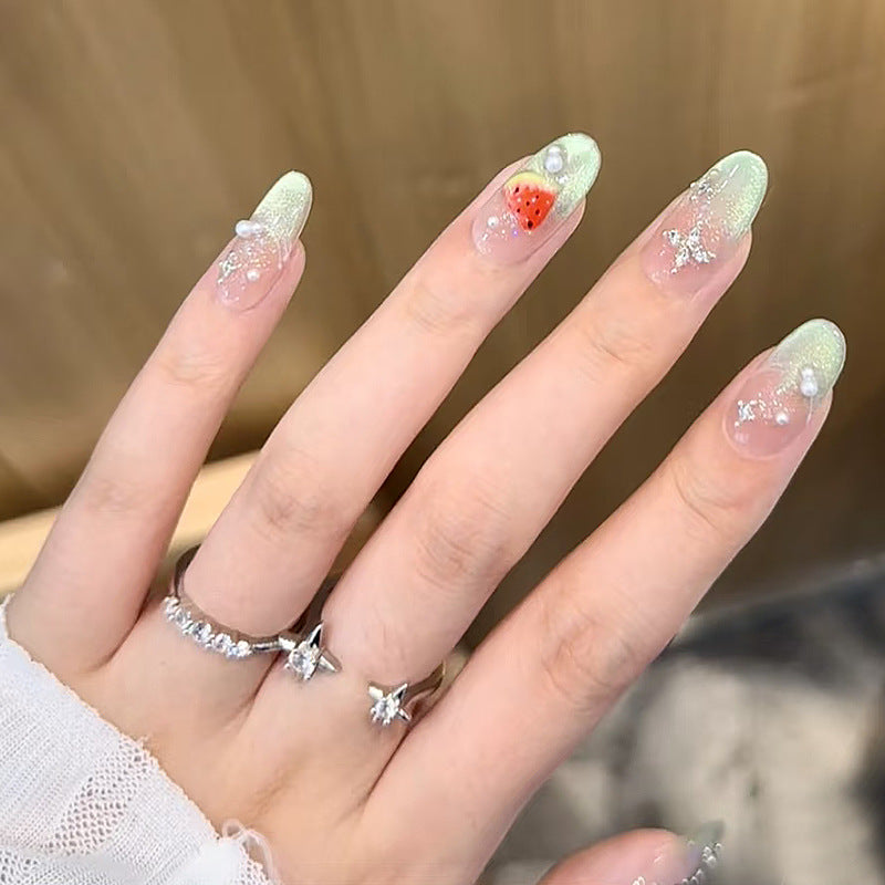 Decorative Press-On Nail Set with Fruit and Gemstone Accents