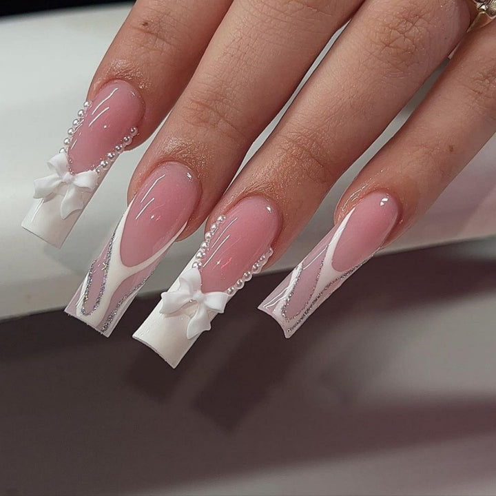 Decorative Long Coffin Nail Extensions with Bow Accents Kalsten