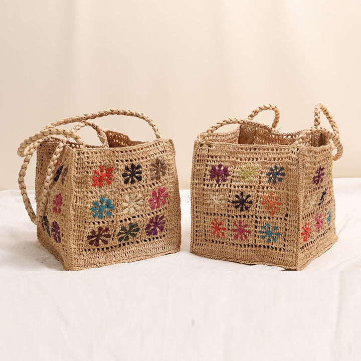 Handcrafted straw bag with colorful embroidery design Kalsten