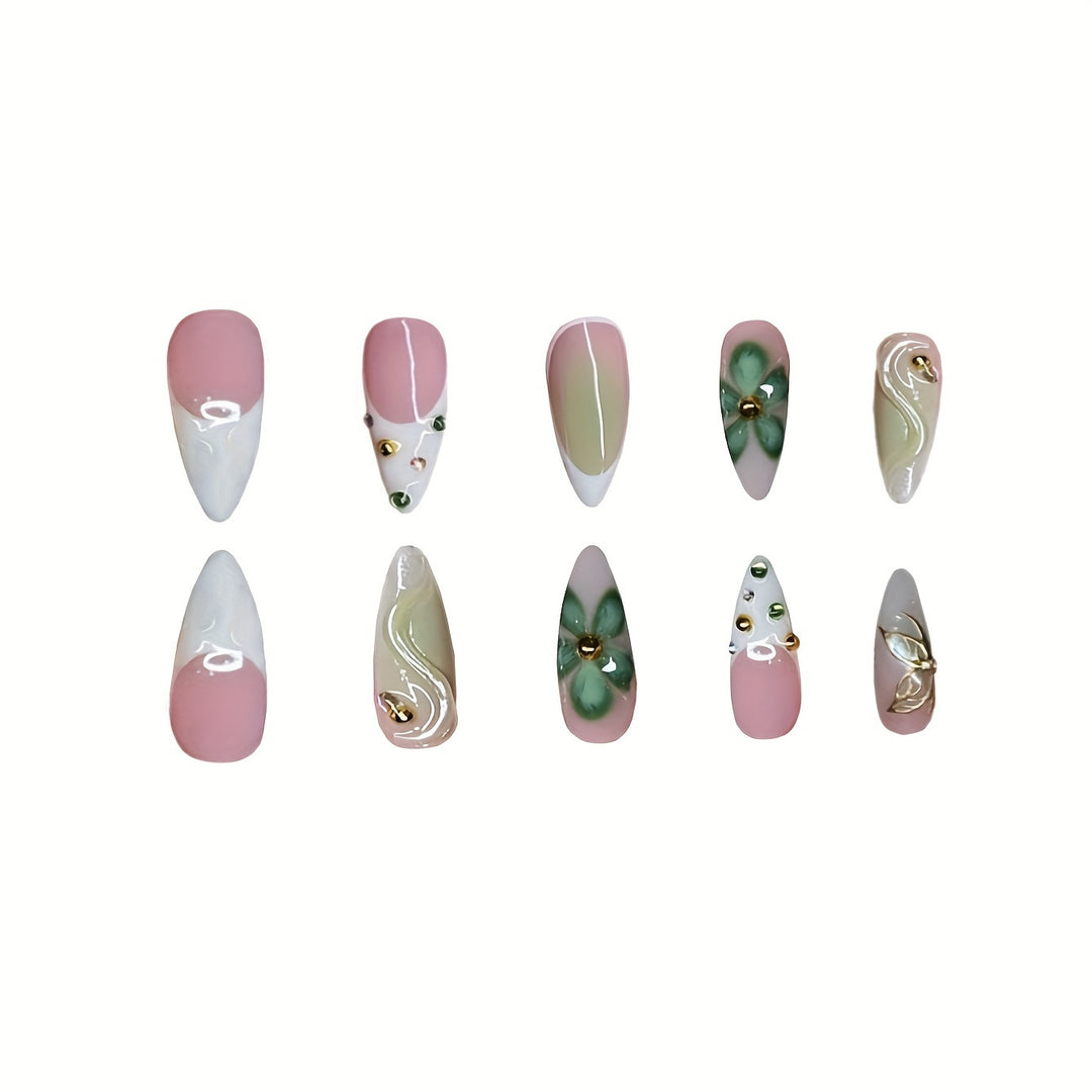 Artistic Press-On Nail Design with Floral Elements Kalsten